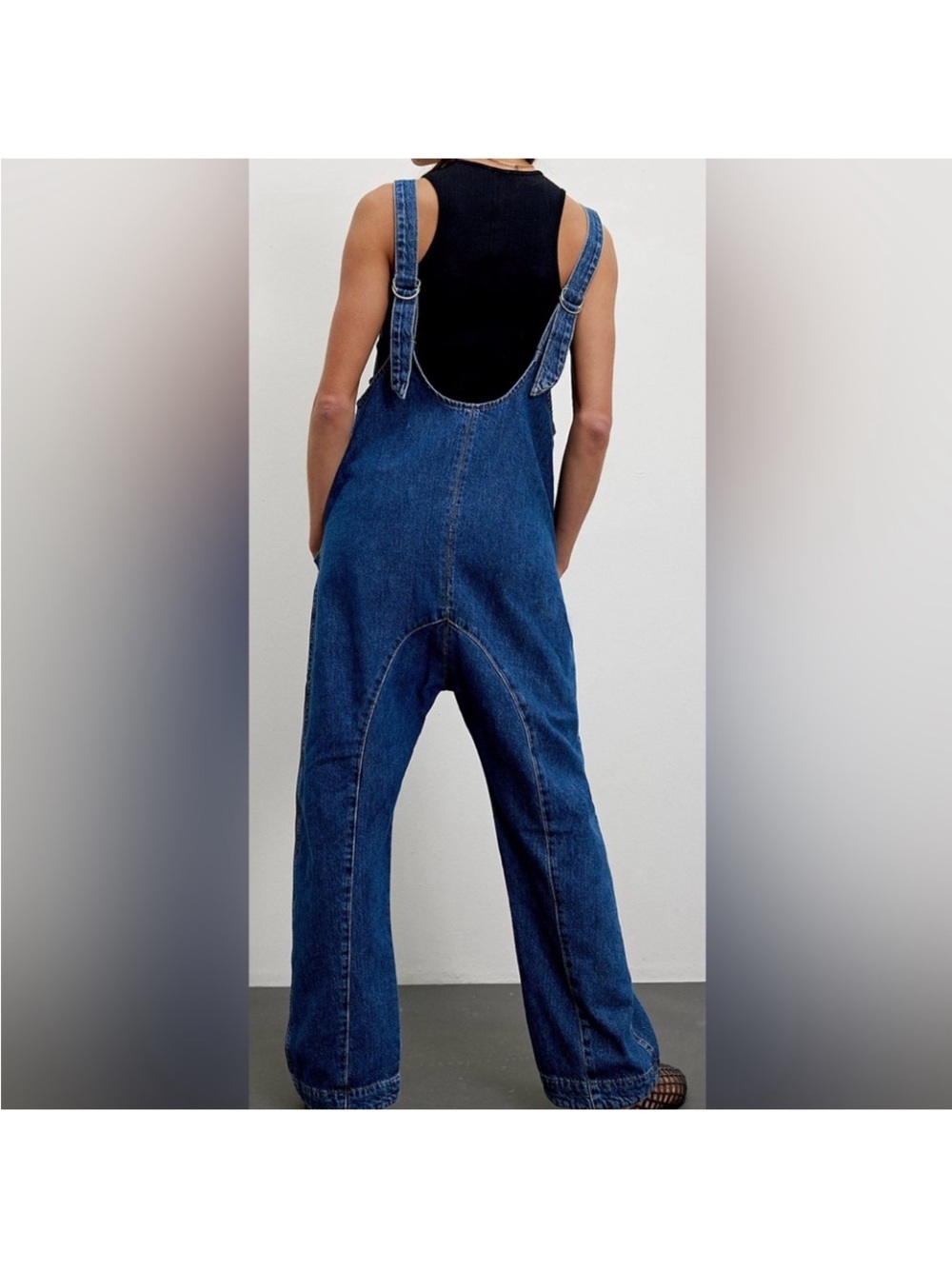 Free People We The Free High Roller denim overalls jumpsuit pockets scoop neck L - Picture 7 of 11